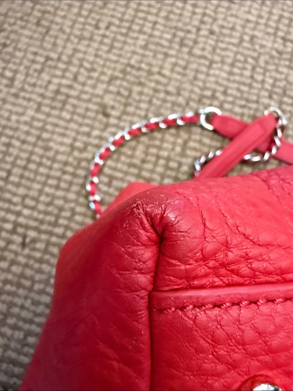 Tory Burch Coral-Red Pebbled Leather Chain Shoulder Bag